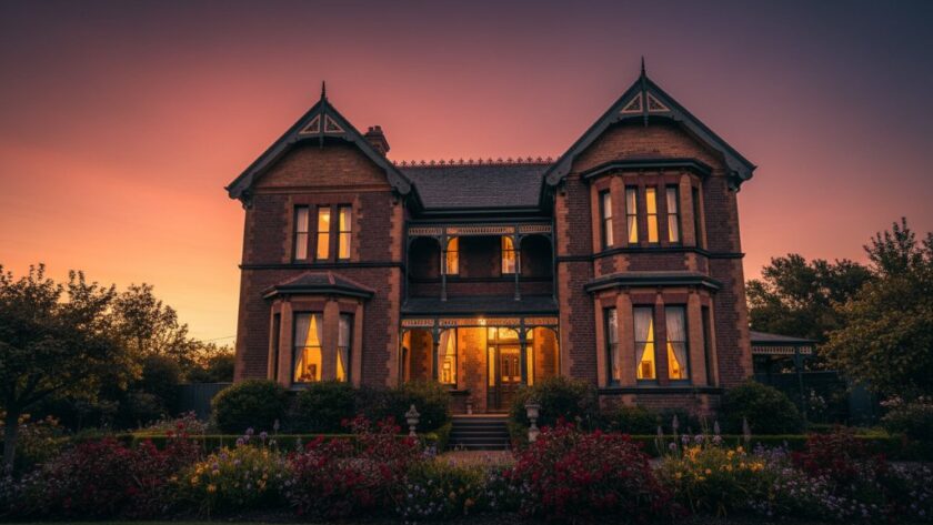 An epic wide-angle shot of a heritage Brown Hill home bathed in golden hour light, highlighting its architectural features and lush garden, expertly captured through Brown Hill Real Estate Photography for Standout Property Sales.