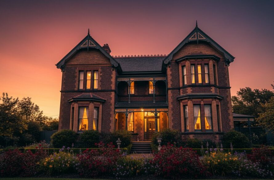 An epic wide-angle shot of a heritage Brown Hill home bathed in golden hour light, highlighting its architectural features and lush garden, expertly captured through Brown Hill Real Estate Photography for Standout Property Sales.