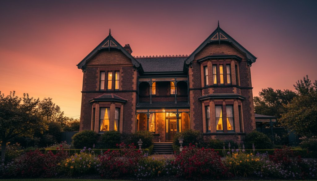 An epic wide-angle shot of a heritage Brown Hill home bathed in golden hour light, highlighting its architectural features and lush garden, expertly captured through Brown Hill Real Estate Photography for Standout Property Sales.