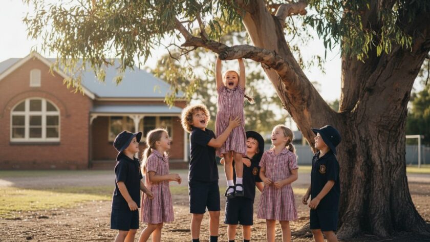 A vibrant, emotionally rich shot of a diverse group of primary school children in Brown Hill, Victoria, joyfully interacting outside a classic school building at golden hour, exemplifying Brown Hill school photography capturing authentic moments.