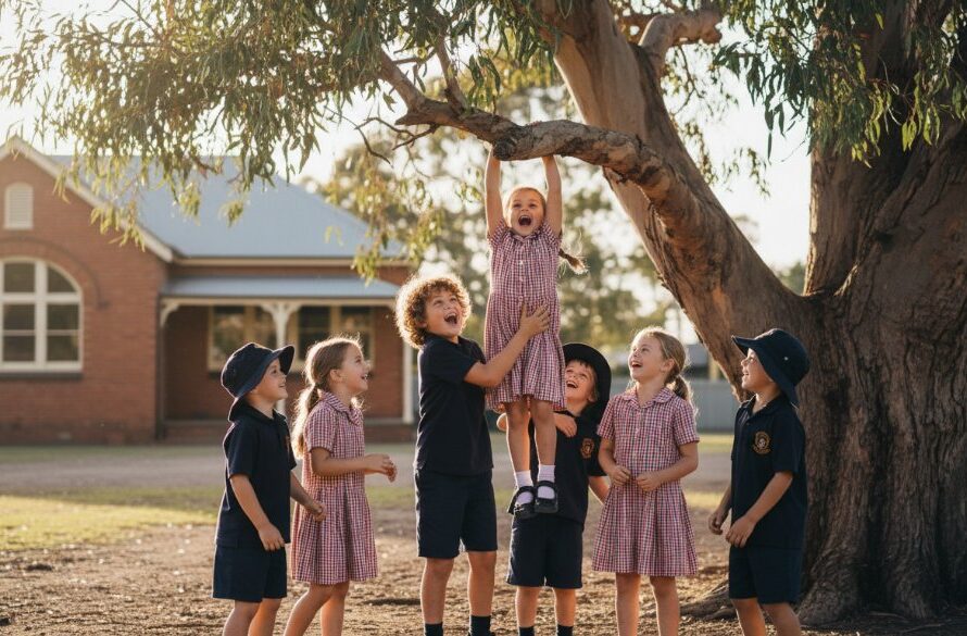 A vibrant, emotionally rich shot of a diverse group of primary school children in Brown Hill, Victoria, joyfully interacting outside a classic school building at golden hour, exemplifying Brown Hill school photography capturing authentic moments.
