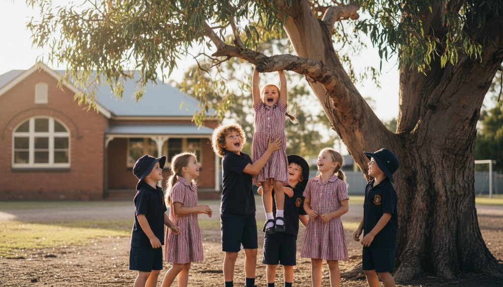A vibrant, emotionally rich shot of a diverse group of primary school children in Brown Hill, Victoria, joyfully interacting outside a classic school building at golden hour, exemplifying Brown Hill school photography capturing authentic moments.