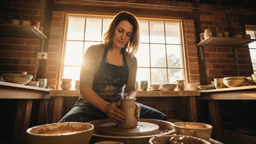 Dynamic wide shot of a local artisan in Brown Hill, Victoria, showcasing their handcrafted product with dramatic backlighting at sunset, illustrating Brown Hill Victoria bespoke advertising photography solutions in an epic, compelling manner.