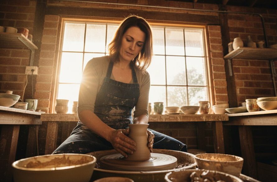 Dynamic wide shot of a local artisan in Brown Hill, Victoria, showcasing their handcrafted product with dramatic backlighting at sunset, illustrating Brown Hill Victoria bespoke advertising photography solutions in an epic, compelling manner.