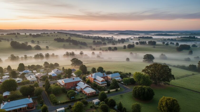 An epic drone photography shot of the historic Brown Hill township in Victoria, Australia, at sunrise, showcasing Brown Hill Victoria drone photography for breathtaking landscapes with golden light illuminating heritage buildings and rolling green hills under a dramatic sky, captured by a professional drone photographer.