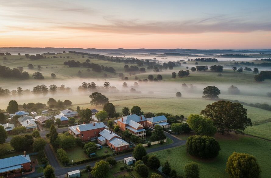 An epic drone photography shot of the historic Brown Hill township in Victoria, Australia, at sunrise, showcasing Brown Hill Victoria drone photography for breathtaking landscapes with golden light illuminating heritage buildings and rolling green hills under a dramatic sky, captured by a professional drone photographer.