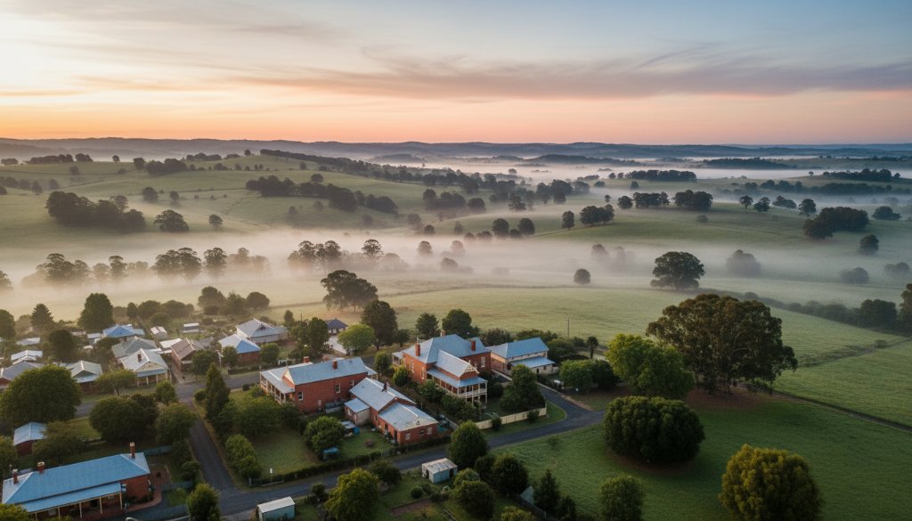 An epic drone photography shot of the historic Brown Hill township in Victoria, Australia, at sunrise, showcasing Brown Hill Victoria drone photography for breathtaking landscapes with golden light illuminating heritage buildings and rolling green hills under a dramatic sky, captured by a professional drone photographer.
