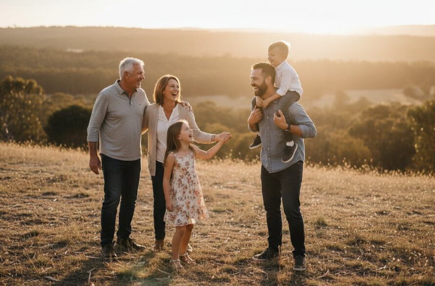 A family of four, bathed in golden hour light, laughing joyfully during their Brown Hill Victoria family photography outdoor adventure, silhouetted against a stunning sunset over the rolling hills of Brown Hill.