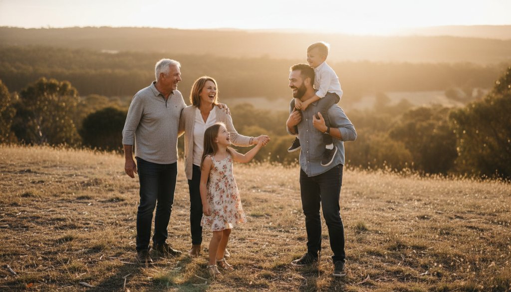 A family of four, bathed in golden hour light, laughing joyfully during their Brown Hill Victoria family photography outdoor adventure, silhouetted against a stunning sunset over the rolling hills of Brown Hill.
