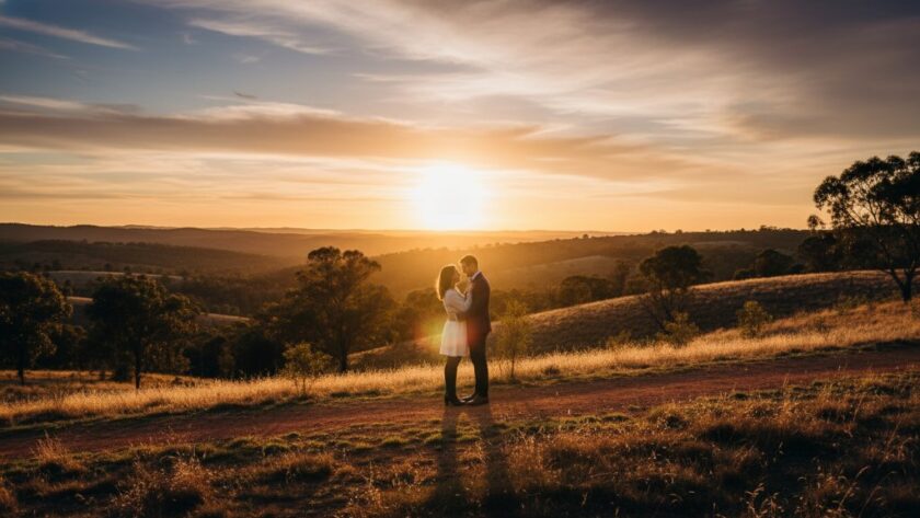 An epic moment captured in Brown Hill Victoria scenic engagement photography, featuring a couple embracing warmly at sunset amidst rolling hills, with dramatic golden hour lighting highlighting their joy.