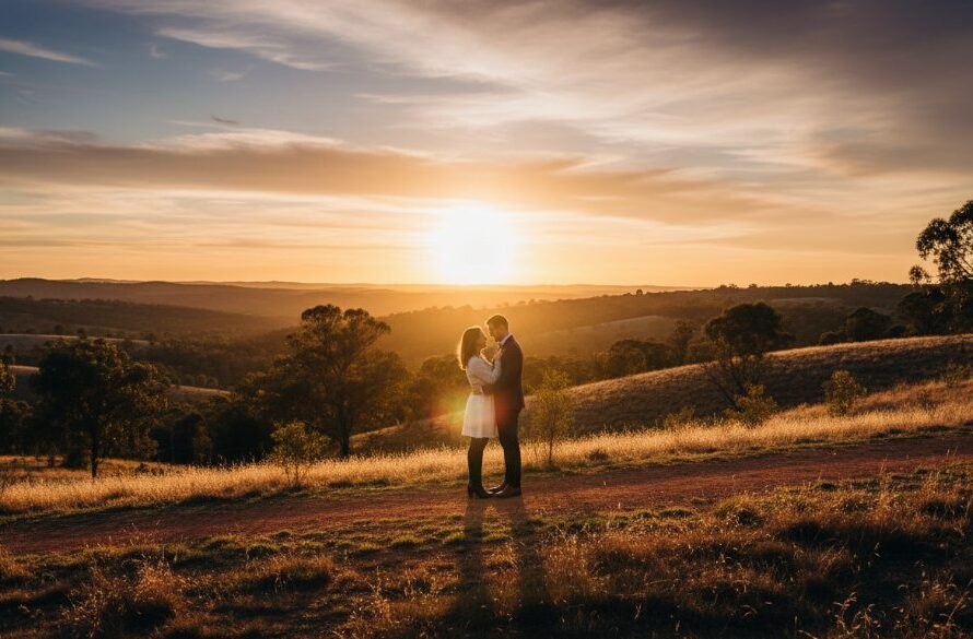 An epic moment captured in Brown Hill Victoria scenic engagement photography, featuring a couple embracing warmly at sunset amidst rolling hills, with dramatic golden hour lighting highlighting their joy.