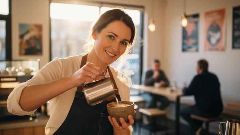 Dynamic photograph showcasing Bulleen Advertising Photography for Local Businesses, capturing a vibrant, professionally lit local café owner proudly presenting a freshly brewed coffee, with blurred customers in the background, conveying warmth and community spirit in Bulleen, Victoria.