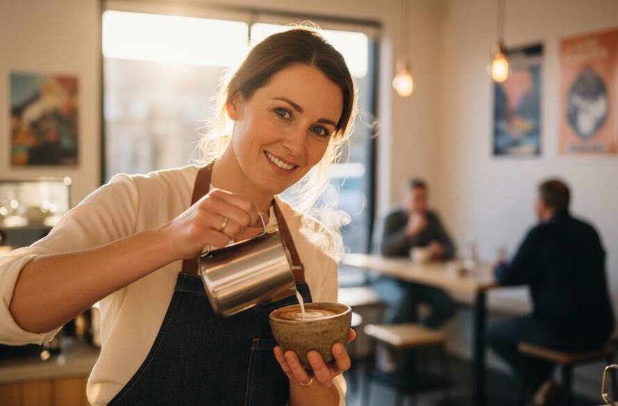 Dynamic photograph showcasing Bulleen Advertising Photography for Local Businesses, capturing a vibrant, professionally lit local café owner proudly presenting a freshly brewed coffee, with blurred customers in the background, conveying warmth and community spirit in Bulleen, Victoria.