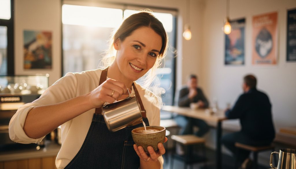 Dynamic photograph showcasing Bulleen Advertising Photography for Local Businesses, capturing a vibrant, professionally lit local café owner proudly presenting a freshly brewed coffee, with blurred customers in the background, conveying warmth and community spirit in Bulleen, Victoria.
