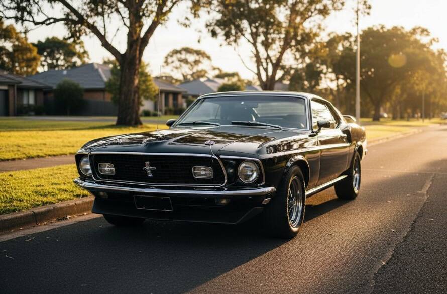 An epic moment captured in Bulleen bespoke automotive photography sessions, showcasing a gleaming vintage muscle car at sunset on a quiet tree-lined street in Bulleen, dramatic golden hour light reflecting off its chrome, dynamic low-angle shot.