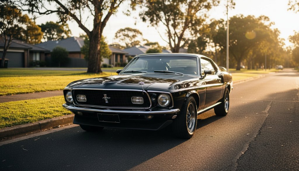An epic moment captured in Bulleen bespoke automotive photography sessions, showcasing a gleaming vintage muscle car at sunset on a quiet tree-lined street in Bulleen, dramatic golden hour light reflecting off its chrome, dynamic low-angle shot.