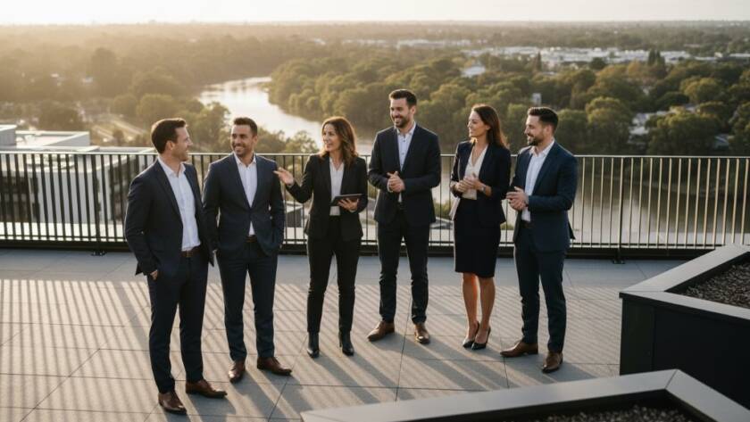 An inspiring wide-angle shot of a diverse business team celebrating a successful project on a modern office rooftop in Bulleen, showcasing the synergy and professionalism captured by expert Bulleen Corporate Photography Melbourne Businesses, bathed in golden hour light.