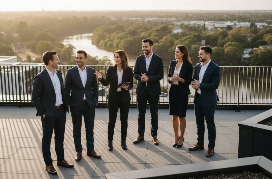 An inspiring wide-angle shot of a diverse business team celebrating a successful project on a modern office rooftop in Bulleen, showcasing the synergy and professionalism captured by expert Bulleen Corporate Photography Melbourne Businesses, bathed in golden hour light.