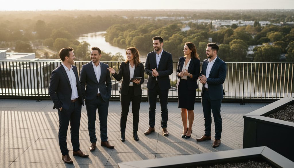 An inspiring wide-angle shot of a diverse business team celebrating a successful project on a modern office rooftop in Bulleen, showcasing the synergy and professionalism captured by expert Bulleen Corporate Photography Melbourne Businesses, bathed in golden hour light.