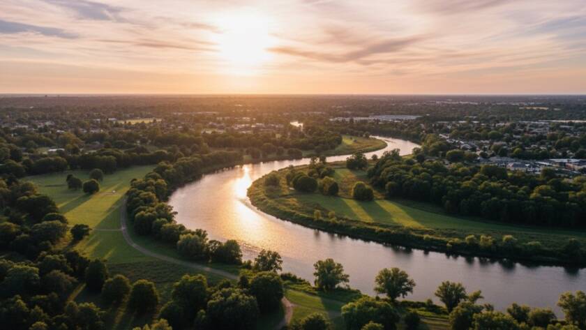 An epic wide-angle drone shot captures the majestic Yarra River winding through Bulleen, bathed in golden hour light, highlighting Bulleen drone photography scenic Yarra River views.