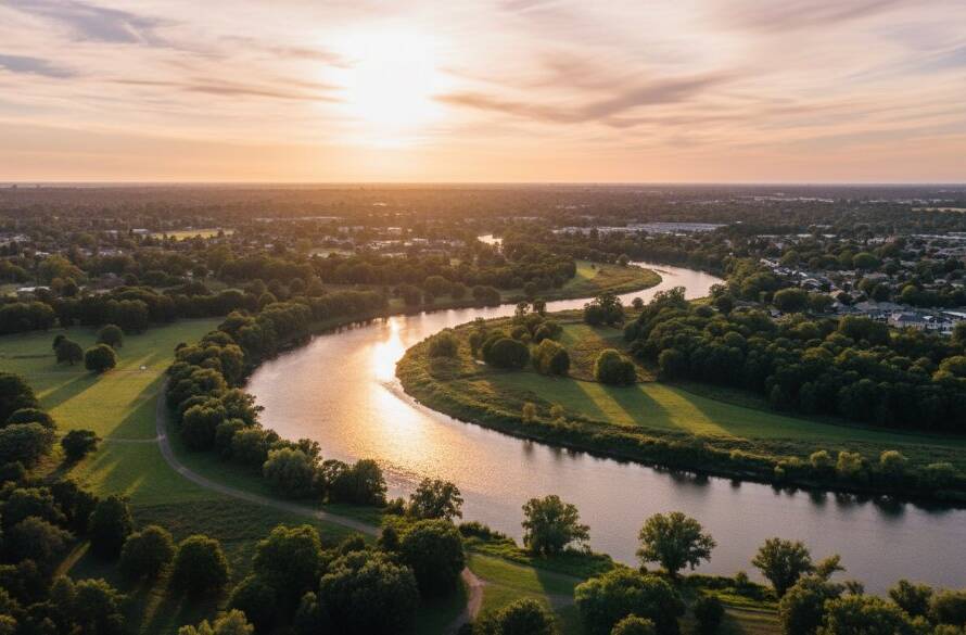 An epic wide-angle drone shot captures the majestic Yarra River winding through Bulleen, bathed in golden hour light, highlighting Bulleen drone photography scenic Yarra River views.