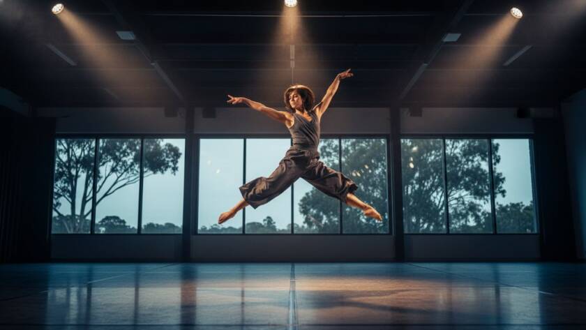 A professional photograph of a dancer performing an elegant, dynamic leap mid-air with dramatic lighting in a Bulleen dynamic dance photography studio, capturing a powerful and graceful epic moment.