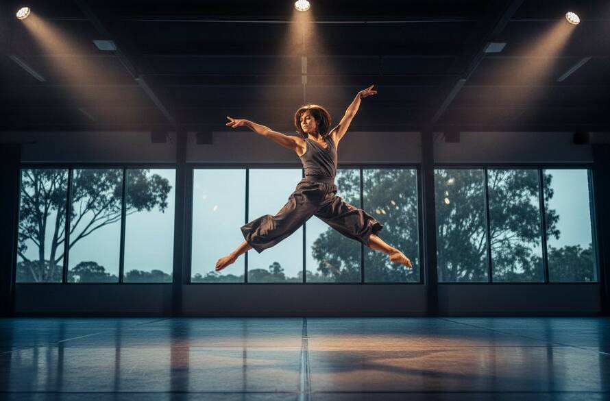A professional photograph of a dancer performing an elegant, dynamic leap mid-air with dramatic lighting in a Bulleen dynamic dance photography studio, capturing a powerful and graceful epic moment.