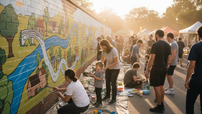 A powerful, cinematic wide shot of a local artist passionately painting a mural depicting Bulleen's Yarra River landscape, with dramatic morning light streaming through eucalyptus trees, highlighting the authentic Bulleen editorial photography capturing local Melbourne narratives.