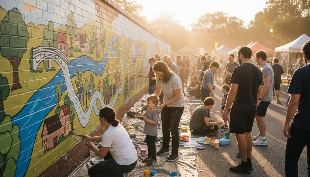 A powerful, cinematic wide shot of a local artist passionately painting a mural depicting Bulleen's Yarra River landscape, with dramatic morning light streaming through eucalyptus trees, highlighting the authentic Bulleen editorial photography capturing local Melbourne narratives.