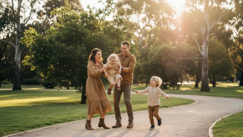 A heartwarming and dynamic scene of a young family embracing joyfully amidst the lush, golden-hour light of a Bulleen park, capturing their Bulleen family photography authentic moments with rich detail and professional colour grading.