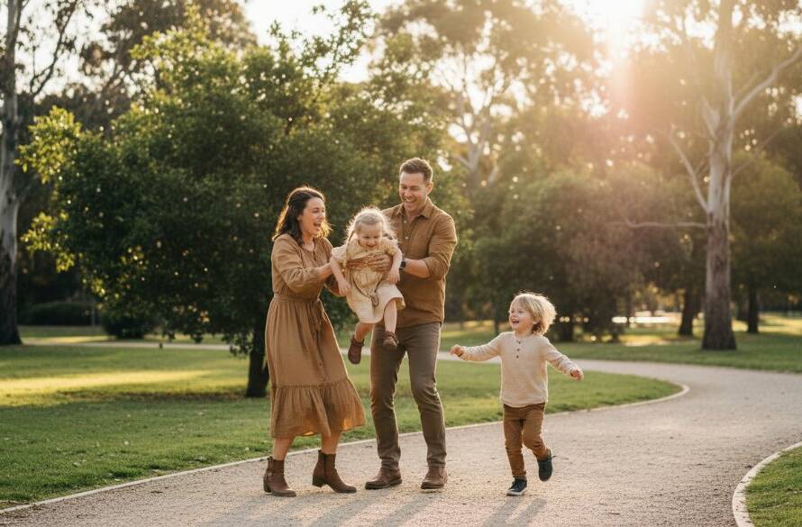 A heartwarming and dynamic scene of a young family embracing joyfully amidst the lush, golden-hour light of a Bulleen park, capturing their Bulleen family photography authentic moments with rich detail and professional colour grading.