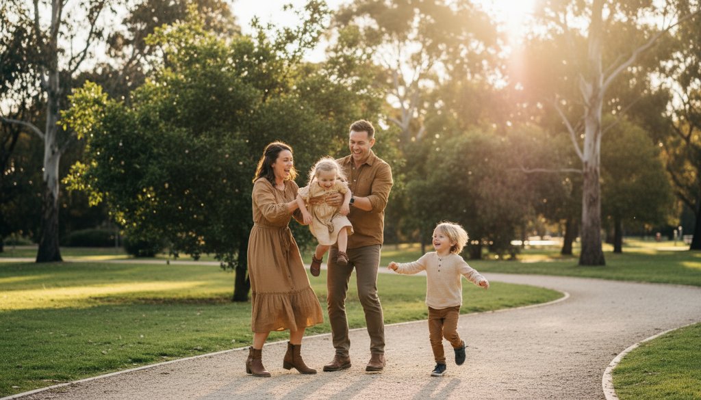 A heartwarming and dynamic scene of a young family embracing joyfully amidst the lush, golden-hour light of a Bulleen park, capturing their Bulleen family photography authentic moments with rich detail and professional colour grading.