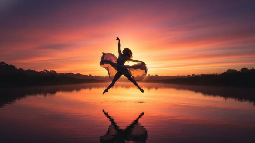 An ethereal Bulleen fine art photography capturing Yarra River light magic, featuring a silhouette of a dancer gracefully poised at sunset by the Yarra, bathed in golden light with a misty river backdrop.