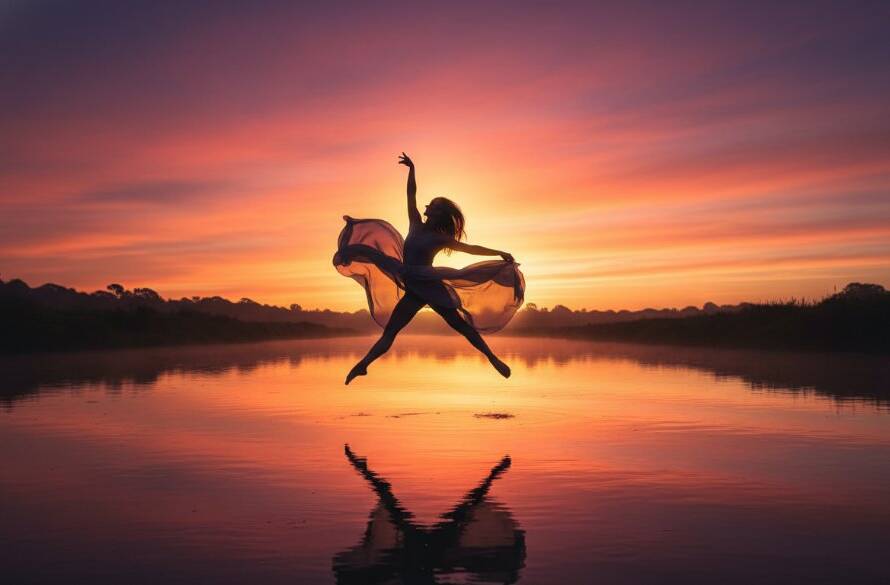 An ethereal Bulleen fine art photography capturing Yarra River light magic, featuring a silhouette of a dancer gracefully poised at sunset by the Yarra, bathed in golden light with a misty river backdrop.