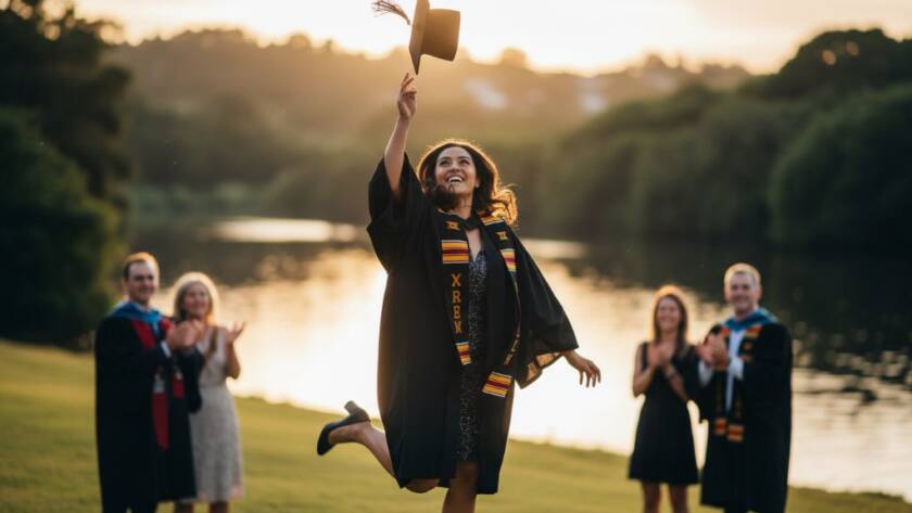 Bulleen graduation photography capturing authentic milestone joy: A graduate in their cap and gown, framed by the golden hour sun setting over the Yarra River in Bulleen, triumphantly tossing their cap into the air, with friends and family cheering softly in the blurred background. The scene is captured with dramatic lighting and professional color grading, highlighting the sheer elation of the moment.