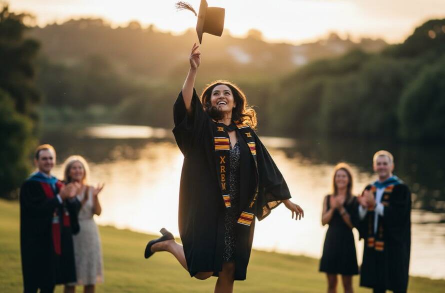 Bulleen graduation photography capturing authentic milestone joy: A graduate in their cap and gown, framed by the golden hour sun setting over the Yarra River in Bulleen, triumphantly tossing their cap into the air, with friends and family cheering softly in the blurred background. The scene is captured with dramatic lighting and professional color grading, highlighting the sheer elation of the moment.