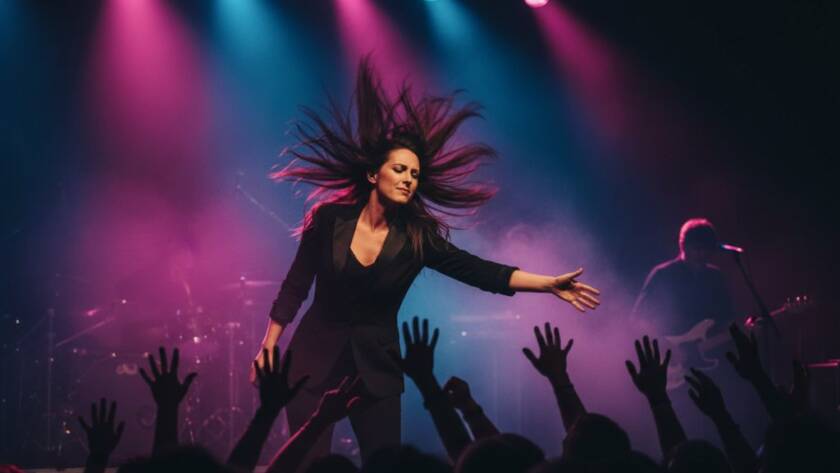 A dynamic, high-energy photograph capturing a lead singer mid-performance, bathed in dramatic stage lighting with the crowd's hands raised in the background, embodying Bulleen Live Music Photography Epic Moments.