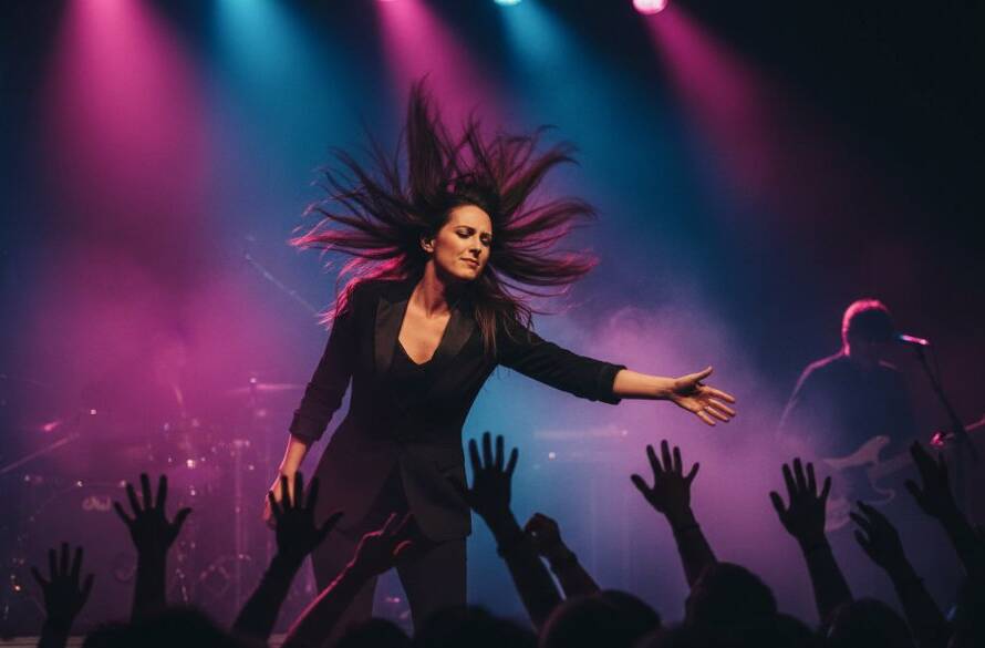 A dynamic, high-energy photograph capturing a lead singer mid-performance, bathed in dramatic stage lighting with the crowd's hands raised in the background, embodying Bulleen Live Music Photography Epic Moments.