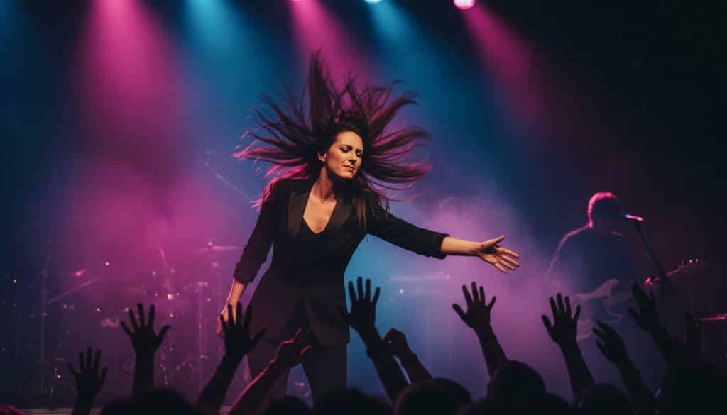 A dynamic, high-energy photograph capturing a lead singer mid-performance, bathed in dramatic stage lighting with the crowd's hands raised in the background, embodying Bulleen Live Music Photography Epic Moments.