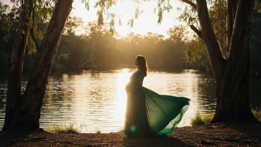 A radiant expectant mother, dressed in a flowing emerald green gown, stands gracefully at golden hour during a Bulleen maternity photography elegant outdoor session. She is silhouetted against the sparkling Yarra River, with majestic gum trees framing the scene. The dramatic golden light catches her silhouette, highlighting her baby bump and conveying a serene, powerful, and deeply emotional epic moment of anticipation and natural beauty. Professional colour grading enhances the warmth and depth of the image.