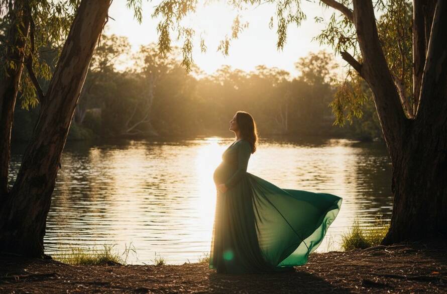 A radiant expectant mother, dressed in a flowing emerald green gown, stands gracefully at golden hour during a Bulleen maternity photography elegant outdoor session. She is silhouetted against the sparkling Yarra River, with majestic gum trees framing the scene. The dramatic golden light catches her silhouette, highlighting her baby bump and conveying a serene, powerful, and deeply emotional epic moment of anticipation and natural beauty. Professional colour grading enhances the warmth and depth of the image.