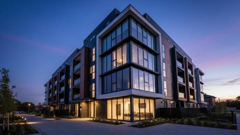 Dynamic wide-angle shot showcasing a sleek, modern architectural building in Bulleen at twilight, with dramatic ambient light highlighting its sharp angles and glass facade, embodying our Bulleen Modern Architecture Photography Expertise.