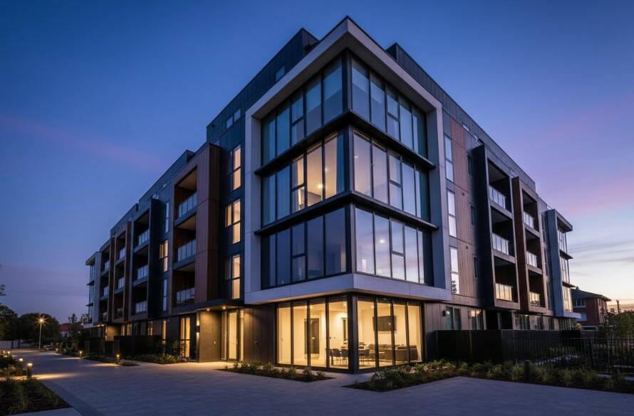 Dynamic wide-angle shot showcasing a sleek, modern architectural building in Bulleen at twilight, with dramatic ambient light highlighting its sharp angles and glass facade, embodying our Bulleen Modern Architecture Photography Expertise.