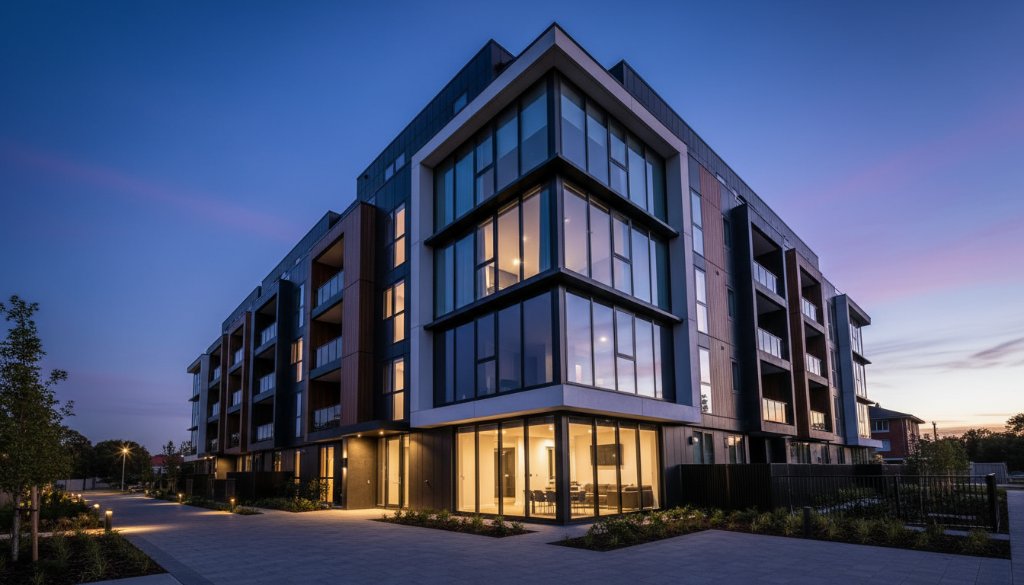 Dynamic wide-angle shot showcasing a sleek, modern architectural building in Bulleen at twilight, with dramatic ambient light highlighting its sharp angles and glass facade, embodying our Bulleen Modern Architecture Photography Expertise.