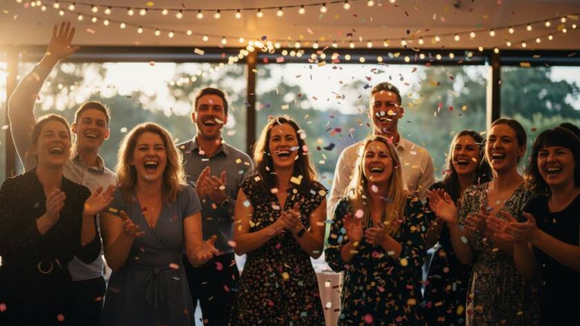 A candid, 'epic moment' photograph of guests laughing and dancing under twinkling fairy lights at a vibrant Bulleen party, perfectly illustrating Bulleen party photography capturing vibrant milestones.