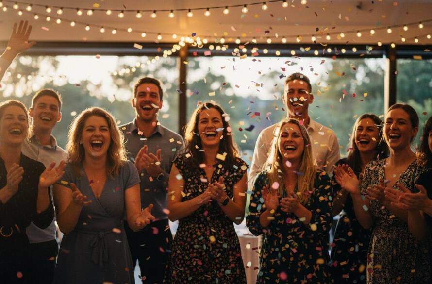 A candid, 'epic moment' photograph of guests laughing and dancing under twinkling fairy lights at a vibrant Bulleen party, perfectly illustrating Bulleen party photography capturing vibrant milestones.