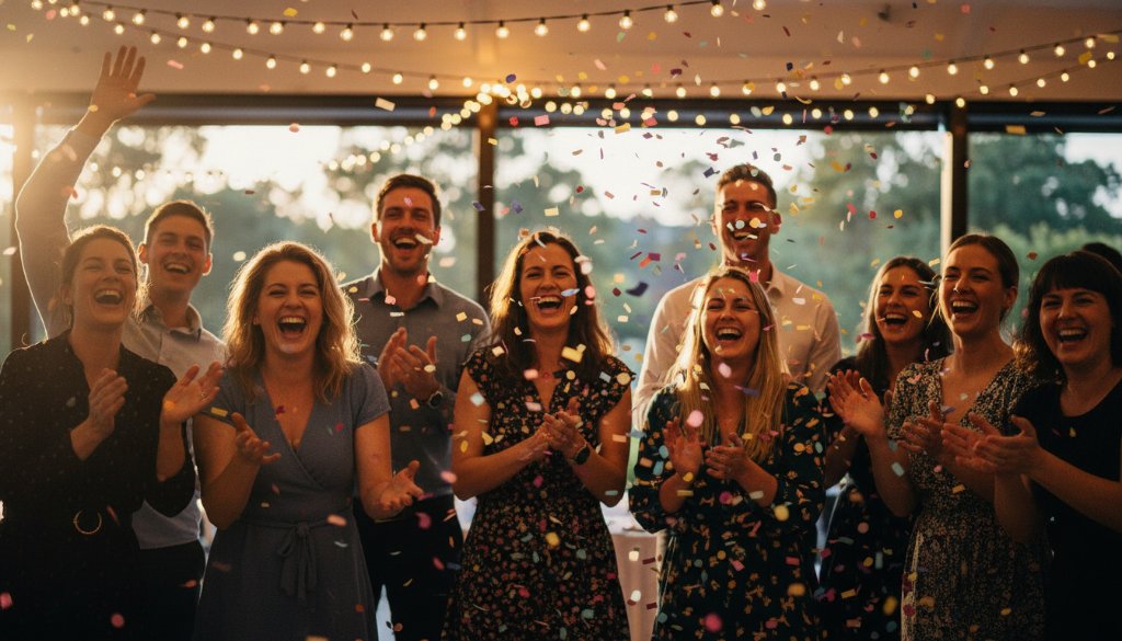 A candid, 'epic moment' photograph of guests laughing and dancing under twinkling fairy lights at a vibrant Bulleen party, perfectly illustrating Bulleen party photography capturing vibrant milestones.