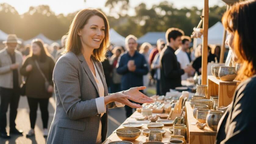 Dramatic, professional photograph capturing a Bulleen personal branding photography for local entrepreneurs moment, showing a passionate female entrepreneur confidently presenting her sustainable product at a vibrant local Bulleen market stall, bathed in warm, golden hour sunlight with blurred marketgoers in the background.