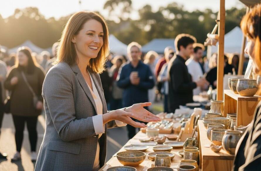 Dramatic, professional photograph capturing a Bulleen personal branding photography for local entrepreneurs moment, showing a passionate female entrepreneur confidently presenting her sustainable product at a vibrant local Bulleen market stall, bathed in warm, golden hour sunlight with blurred marketgoers in the background.