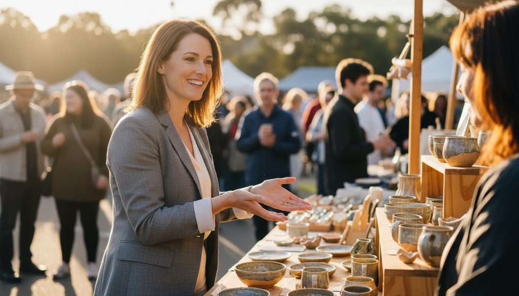 Dramatic, professional photograph capturing a Bulleen personal branding photography for local entrepreneurs moment, showing a passionate female entrepreneur confidently presenting her sustainable product at a vibrant local Bulleen market stall, bathed in warm, golden hour sunlight with blurred marketgoers in the background.